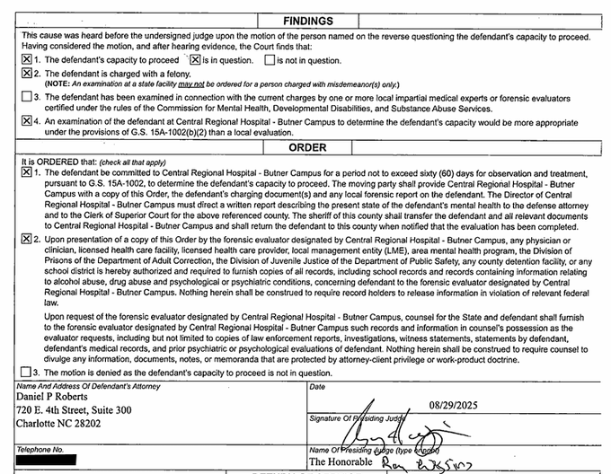 Court document showing defendant remains in custody